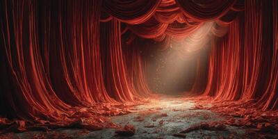 Vibrant red theater stage with lush curtains and soft light creating an inviting atmosphere for a captivating performance photo