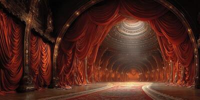 Grand theater interior showcasing ornate architecture and rich red draperies under soft light ambiance photo