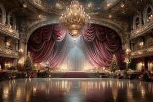 Elegant performance stage adorned with festive decorations and a grand chandelier during holiday season photo