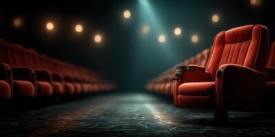 Empty red cinema seats awaiting moviegoers in a dimly lit theater with warm overhead lights photo