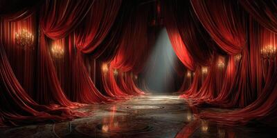 Elegant theater interior featuring rich red drapes and chandeliers with soft light streaming in from the side photo