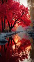 Vibrant autumn foliage reflects in a serene river during a peaceful sunset in a tranquil park setting photo