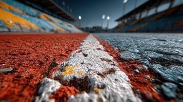 Close-up view of track surface highlighting worn lanes and vibrant colors at a sports stadium during twilight photo