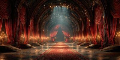 Grand hall with dramatic lighting and rich red drapery creates an enchanting atmosphere for an elegant event photo