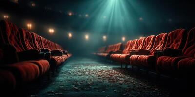 Rows of vintage red theater seats illuminated by soft lighting in an empty auditorium during a quiet evening photo