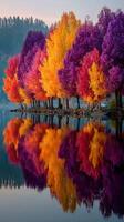 Vibrant autumn trees reflecting in tranquil lake during early morning light in a picturesque landscape photo