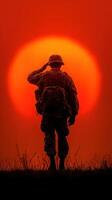 Soldier saluting at sunset on a quiet evening, expressing honor and reflection in a solemn moment photo