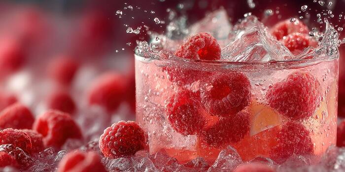 Refreshing raspberry drink with ice and splashes surrounded by fresh raspberries photo