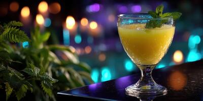 Bright, refreshing tropical cocktail served in a crystal glass garnished with mint leaves at a vibrant bar photo