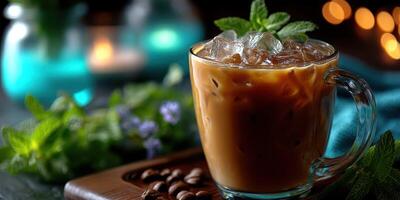 Refreshing iced coffee served with mint leaves on a wooden tray in a cozy cafe at night photo