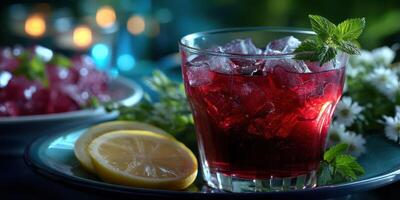 Refreshing beverage served with lemon slices and garnished with mint in a vibrant setting photo
