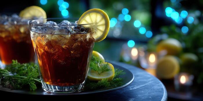Refreshing iced tea with lemon slices on a tray in a cozy setting with ambient lighting photo