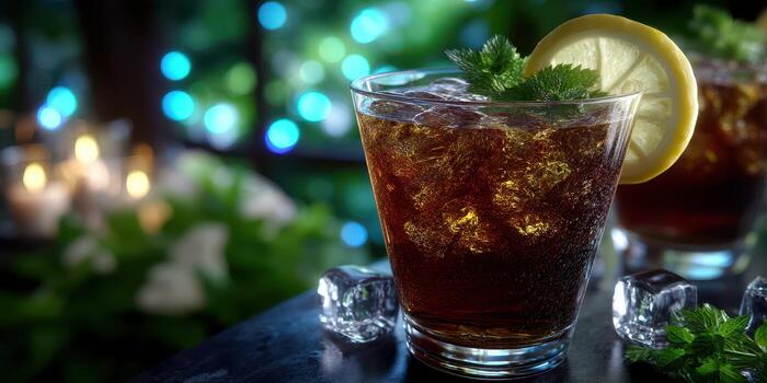Refreshing summer drink with ice and lemon served in a casual outdoor setting during evening hours photo