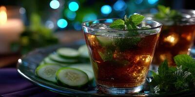 Refreshing summer drink served with mint and cucumber in a vibrant setting photo