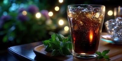Refreshing beverage with ice in a glass placed on a wooden table surrounded by greenery and soft lighting during the evening photo