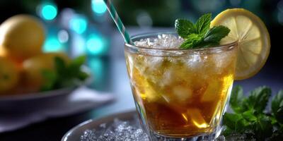 Refreshing iced tea cocktail with lemon and mint served in a glass on a table photo
