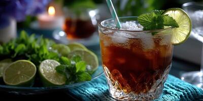 Refreshing iced tea drink with lime and mint garnishes on a vibrant table setting photo
