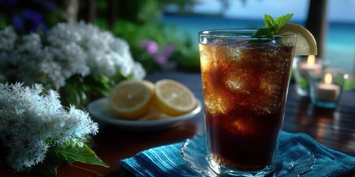 Refreshing drink with lemon and mint surrounded by flowers on a tropical beach setting photo