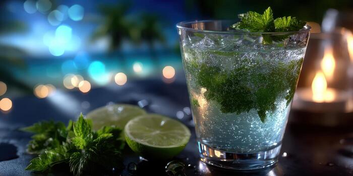 Refreshing mojito with mint and lime served at a beachside gathering during a warm evening photo