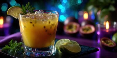 Colorful tropical cocktail garnished with lime and herbs served in a glass with ice on a vibrant background photo