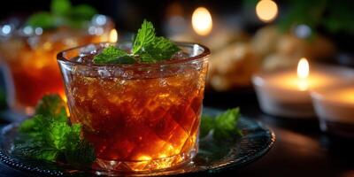 Refreshing iced tea with mint garnishment served in a glass during an evening gathering photo