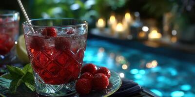 Refreshing raspberry drinks by the tranquil poolside at night creating a relaxing atmosphere photo