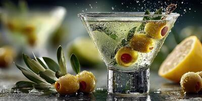 Refreshing cocktail garnished with olives and lemon on a dark surface during a stylish gathering photo