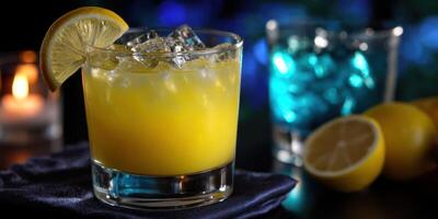 Refreshing citrus cocktail garnished with lemon slice served on a dark countertop with vibrant background photo