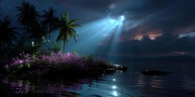 Enchanting tropical landscape with moonlight illuminating flowers by the water at night photo