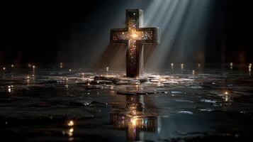 Stunning illuminated cross in dark space surrounded by soft glowing lights at nighttime photo