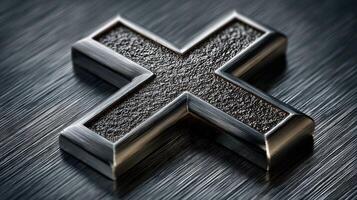 Metal cross shape resting on a brushed steel surface, showcasing intricate texture and contrasting finishes in natural light photo