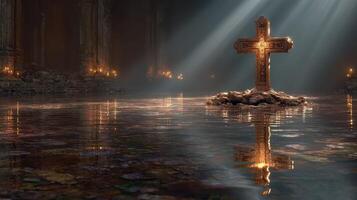 Elegant cross illuminated by soft light in a serene underground setting with reflective water photo