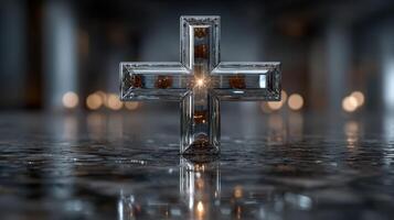 Glass cross reflecting light in a dimly lit space with a serene atmosphere and soft glowing candles photo
