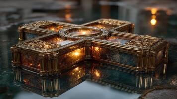 Beautifully crafted ornate box illuminated on a reflective surface in a dimly lit setting with a tranquil atmosphere photo