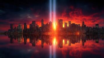 Sunset over skyline with beams of light reflecting in water creates a dramatic scene in the city photo