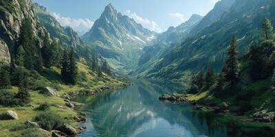 Majestic mountain landscape with serene river reflecting the sky during a sunny day in a lush valley photo