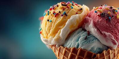 Colorful ice cream in a waffle cone topped with sprinkles served on a warm summer day photo