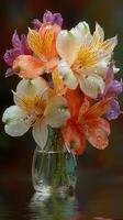 Vibrant bouquet with rainfall droplets in clear vase on wooden table photo