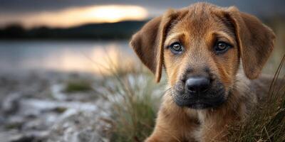 Puppy resting by a lake during sunset with a serene backdrop of nature and soft lighting photo