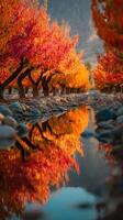 Autumn landscape with vibrant orange and red trees reflecting in a calm stream photo