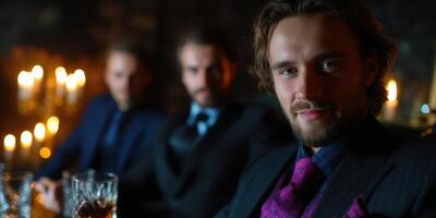 Men enjoying a sophisticated evening in a dimly lit lounge with candles and drinks photo