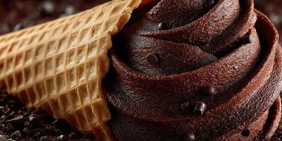 Chocolate swirl ice cream in a waffle cone on a textured surface of crumbled cookies photo