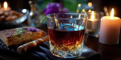 Rich amber drink sits elegantly next to candlelight and gourmet food in a cozy, dimly lit setting photo