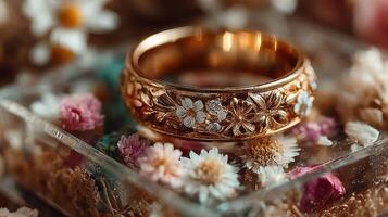 Elegant gold ring adorned with floral engravings resting on a bed of dried flowers in soft natural light photo