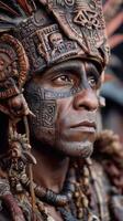 Traditional warrior adorned in intricate body paint and elaborate headdress at cultural festival in vibrant celebration of heritage photo
