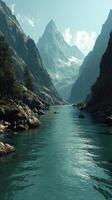 Serene river flowing through majestic mountains under clear blue sky in the early afternoon photo
