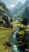 Breathtaking mountain valley with a serene river winding through lush green fields under a clear blue sky photo