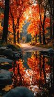 Beautiful fall landscape with vibrant orange trees reflecting in a peaceful stream photo