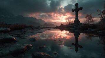 Celtic cross reflects in water at sunset over serene landscape with mountains and dramatic clouds photo