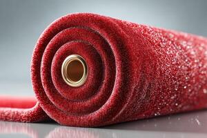 Elegant red fabric roll with glittering texture and gold eyelet for stylish decor and projects photo